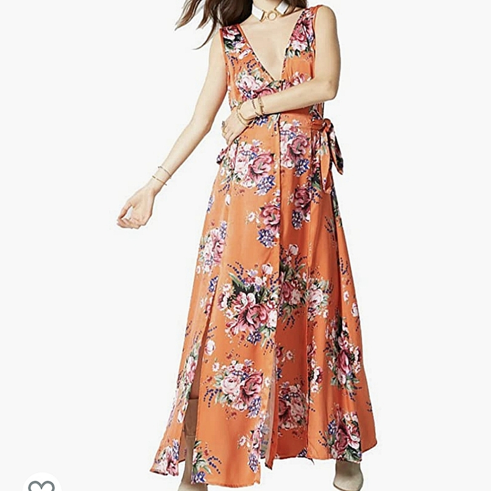 Band of Gypsies Naomi orange floral print v-neck maxi dress size small NWT